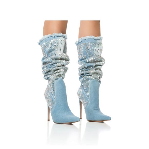 AZALEA WANG CARSYN DISTRESSED DENIM BOOT W/ GEM EMBELLISHMENT NWB US SZ 7 - Picture 3 of 6